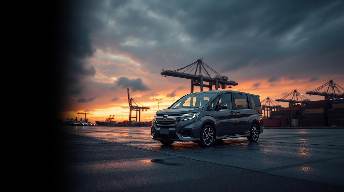 Honda Stepwgn из Японии в порту на закате